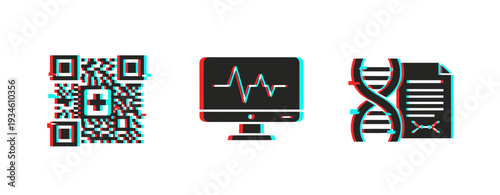 Medical qr, heart monitor and dna report icons on white. Glitch effect