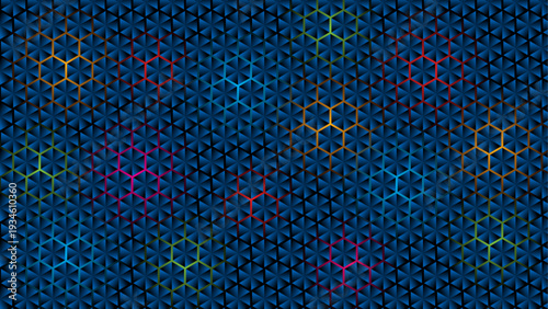 Intricate Hexagonal Patterns: A mesmerizing view of a complex geometrical design of multi-colored hexagonal patterns, perfect for creating an engaging design with artistic charm.Seamless blue polka do