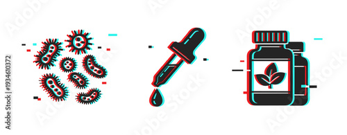 Bacteria testing and herbal supplement tools in white layout. Glitch effect