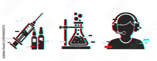 Medical syringe lab flask and support headset icons on white. Glitch effect