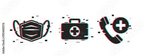 Protective mask and first aid kit with medical phone icon. Glitch effect