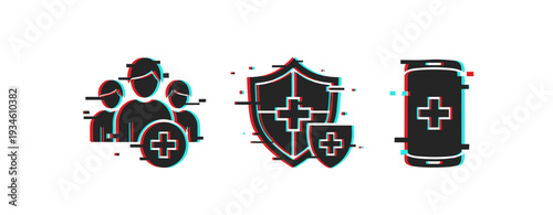 Family health insurance shield and medicine bottle icons. Glitch effect