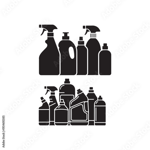 Collection of black silhouette cleaning spray bottles and detergent containers on a white background Keywords: cleaning