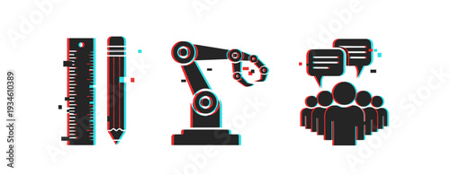 Design tools automation and team communication in icons. Glitch effect