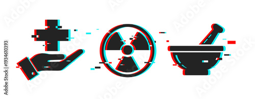 Medical aid radiation and pharmacy mortar icons on white panel. Glitch effect
