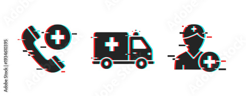 Medical icons indicating emergency response on white background. Glitch effect