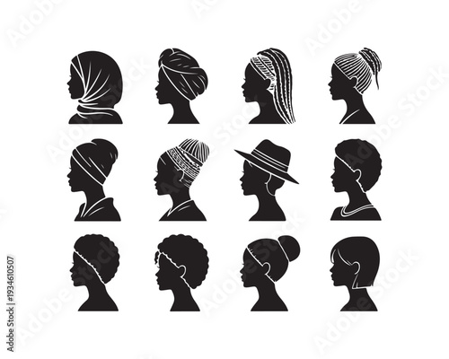 Collection of twelve black female profile silhouettes with diverse hairstyles and headwear on a white background