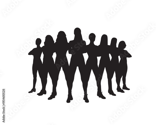 Group of nine diverse female silhouettes standing with arms crossed on a white background