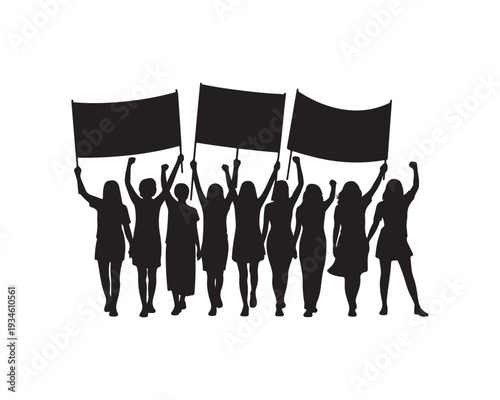 Group of black silhouettes of women holding blank protest banners female