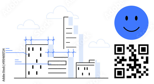 Smart city concept. Smart infrastructure with digital QR code and urban design for modern connectivity. Smart technology enhancing urban life for digital transformation, mobile apps, architecture