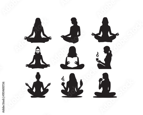 Nine black silhouette of women in various meditative and relaxing poses, including yoga, reading, and drinking on a white