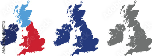 United Kingdom Map Vector Illustration. Set of 4 political maps Flag Colors, Blue Silhouette UK Country Outline Isolated on Transperant Background.