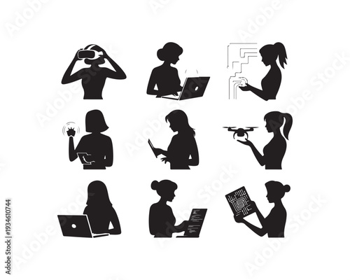 Collection of nine black silhouette illustrating women interacting with technology, including VR, laptops, drones, and tablets