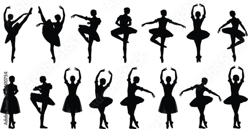Ballet dancer silhouettes, classical poses, graceful stances, expressive movements, tutu costumes, elegant performance, stage art, cultural lifestyle, artistic design illustration