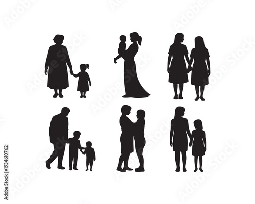 Silhouettes of families and couples in various poses on a white background