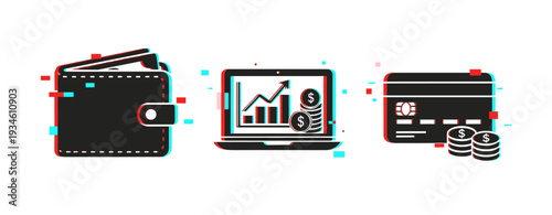 Digital finance icons: wallet, laptop with graph, credit card with coins