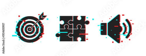 Abstract glitch art with target, puzzle pieces, and speaker symbols