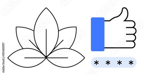 Security concept. Security through password symbols, a lotus for balance, and a thumbs-up gesture. Security for personal data, authentication, wellbeing, and trust. Useful for wellness identity