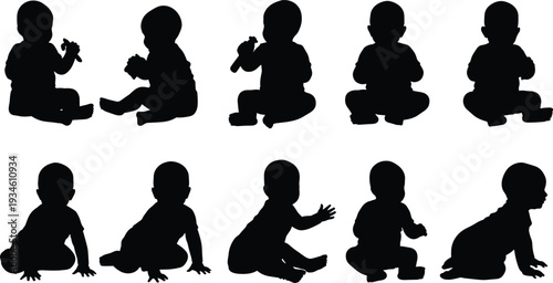 Baby silhouettes crawling and sitting in different positions, infant movement, child development, motor skills, growth stages, parenting, vector illustration