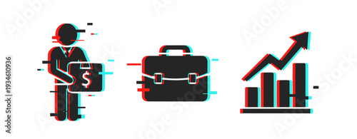 Glitch effect finance icons: businessperson, briefcase, growth chart