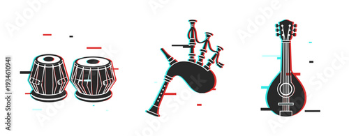 Traditional musical instruments with glitch effect: tabla, bagpipes, mandolin