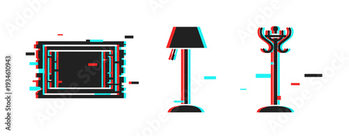 Retro glitch art of floor lamp, coat rack, and framed wall art in 3d effect