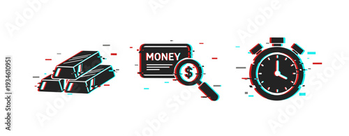 Glitch art style gold bars, money, and stopwatch representing finance concepts