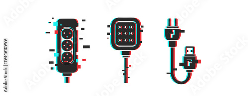 Glitch art: electrical outlets and plugs with 3d effects