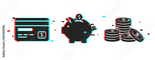 Digital finance icons: credit card, piggy bank, stacked coins in glitch art style