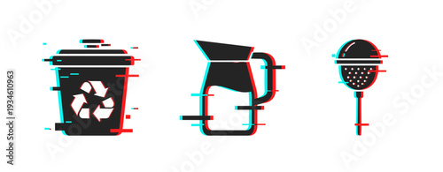 Glitch art of recycle bin, coffee pot, and microphone symbols
