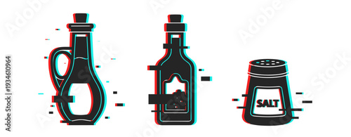 Glitch art of oil vinegar and salt bottles with digital distortion effect