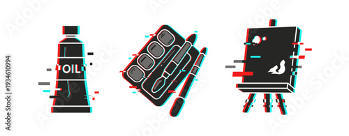 Glitch art of oil paint, palette, and easel in digital style