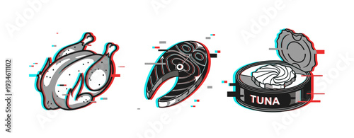 Glitch style illustration of chicken, fish, and tuna cans with rgb shift effect