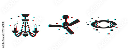 Vintage chandelier, ceiling fan, and modern light fixture with glitch effect