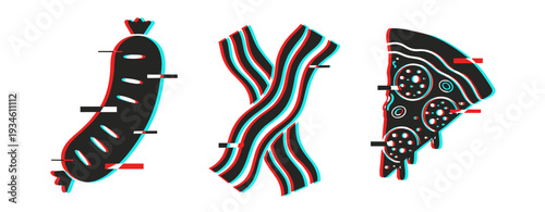 Glitch art of sausage, bacon, and pizza with 3d effect