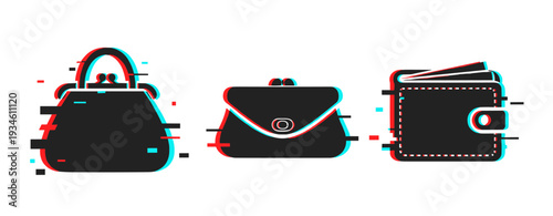 Stylish glitch effect: handbags and wallet silhouettes in digital art design