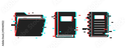 Glitch art of folder, book, and notebook icons with digital distortion