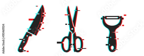 Glitch art of kitchen utensils: knife, scissors, peeler in anaglyph style