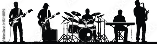 Band performance silhouettes with musical instruments, live concert illustration, vector art design, music group concept, stage entertainment sequence