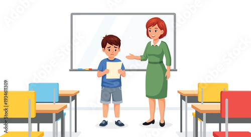 Modern vector illustration of shy student presenting in classroom while teacher smiles supportively. Confidence building and emotional growth education concept in positive school environment