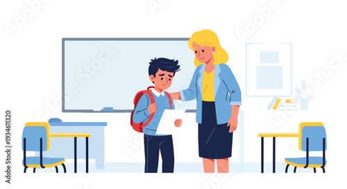 Modern vector illustration of shy student presenting in classroom while teacher smiles supportively. Confidence building and emotional growth education concept in positive school environment