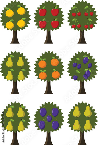 Colorful 3x3 grid illustration of fruit trees with apples, pears, lemons, oranges, cherries, and plums, perfect for education, farming, gardening, and healthy lifestyle concepts"