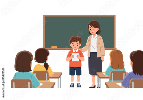 Modern vector illustration of shy student presenting in classroom while teacher smiles supportively. Confidence building and emotional growth education concept in positive school environment