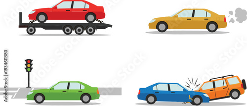 Car Accident and Road Safety Vector Illustration Set with Traffic Collision, Tow Truck Transport, and Urban Driving Scenes