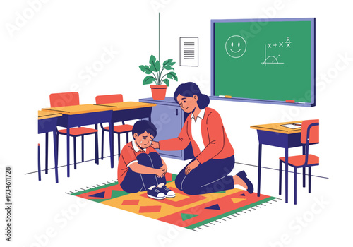 Modern vector illustration of teacher comforting crying student in classroom corner. Emotional support and safe learning environment concept for healthy childhood development