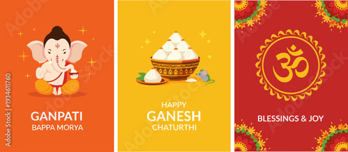 Ganesh Chaturthi Greeting Cards Set with Lord Ganesha, Modak and Om Symbol, Flat Illustration