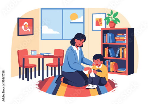 Modern vector illustration of teacher comforting crying student in classroom corner. Emotional support and safe learning environment concept for healthy childhood development