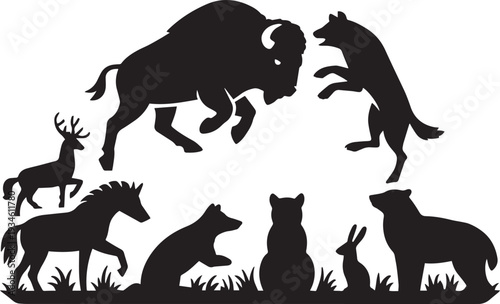 Wild animals silhouettes: bison, wolf, deer, horse, fox, bear, rabbit, dog