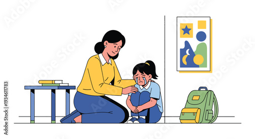 Modern vector illustration of teacher comforting crying student in classroom corner. Emotional support and safe learning environment concept for healthy childhood development