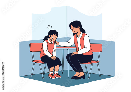 Modern vector illustration of teacher comforting crying student in classroom corner. Emotional support and safe learning environment concept for healthy childhood development